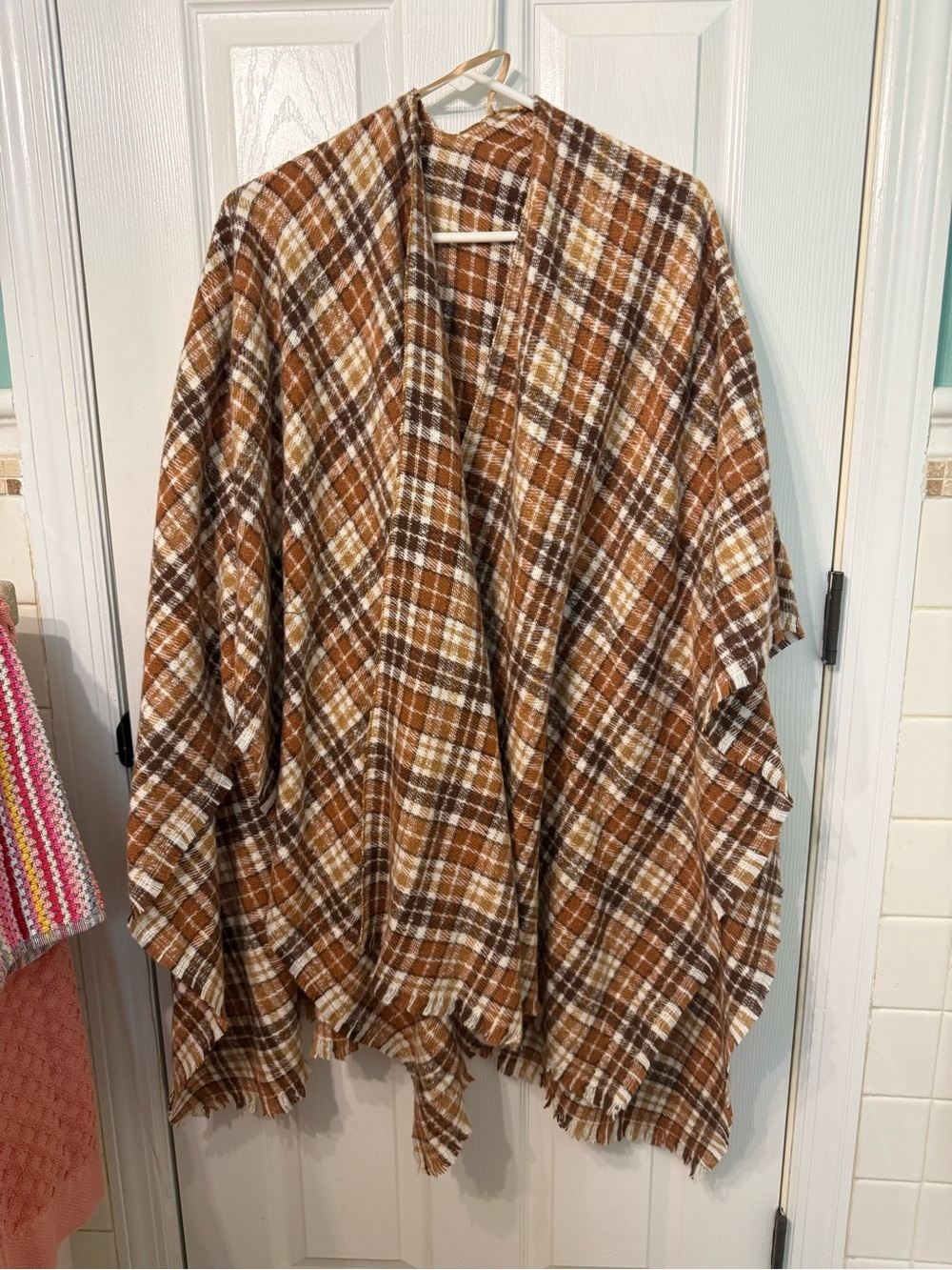 Old Navy Brown & Cream Plaid Open-Front Poncho